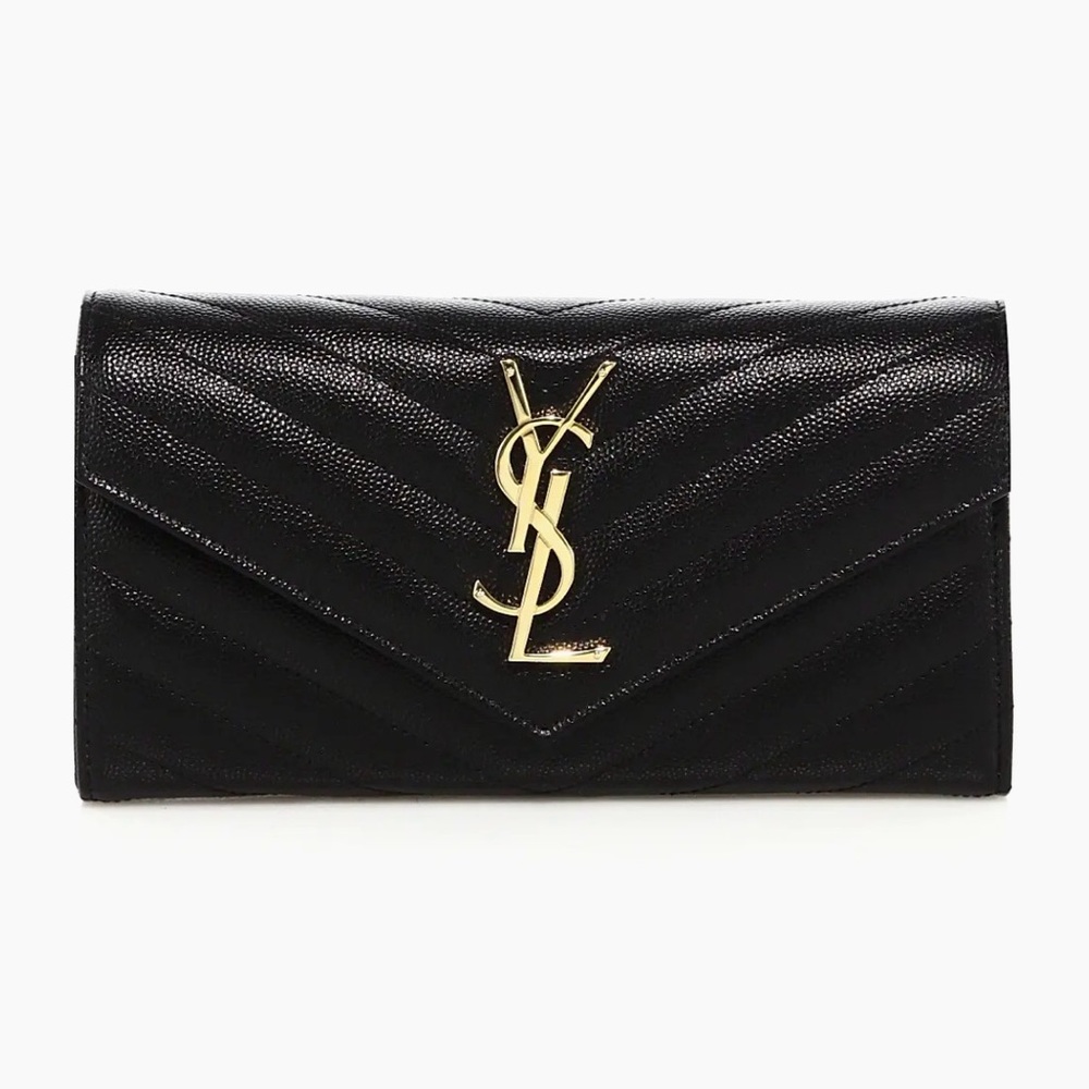 Saint Laurent Black Quilted Leather YSL Logo Envelope Wallet